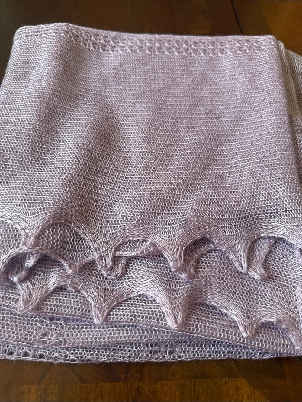 Vintage ca 1970’s Light Lavender mesh Knit Shawl Scarf 48x46” made in Japan